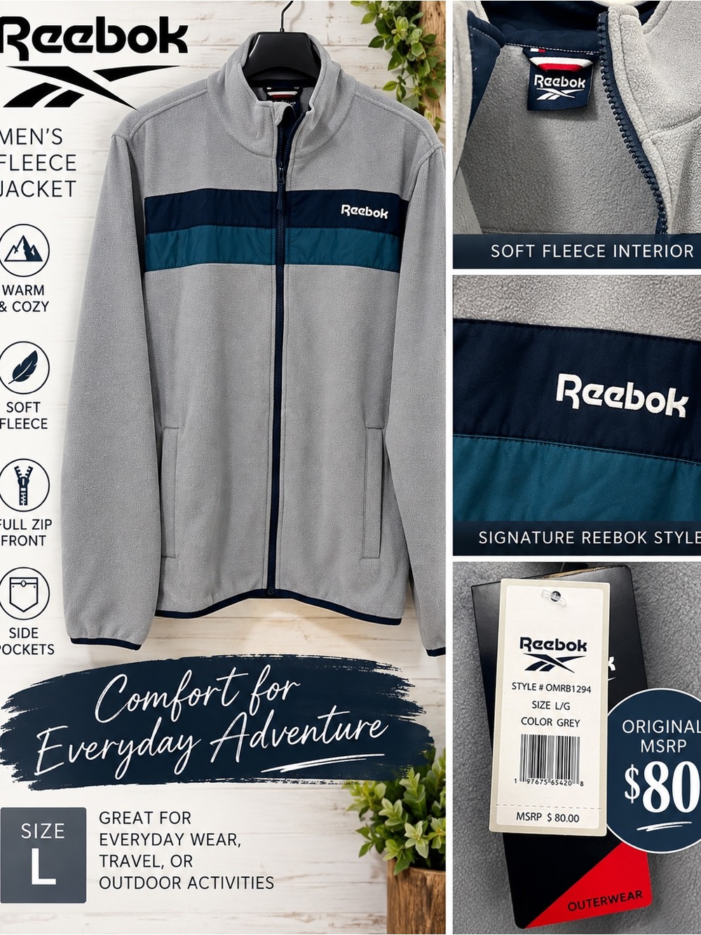 Reebok Men’s Light Gray Fleece Jacket with Navy and Teal Stripes